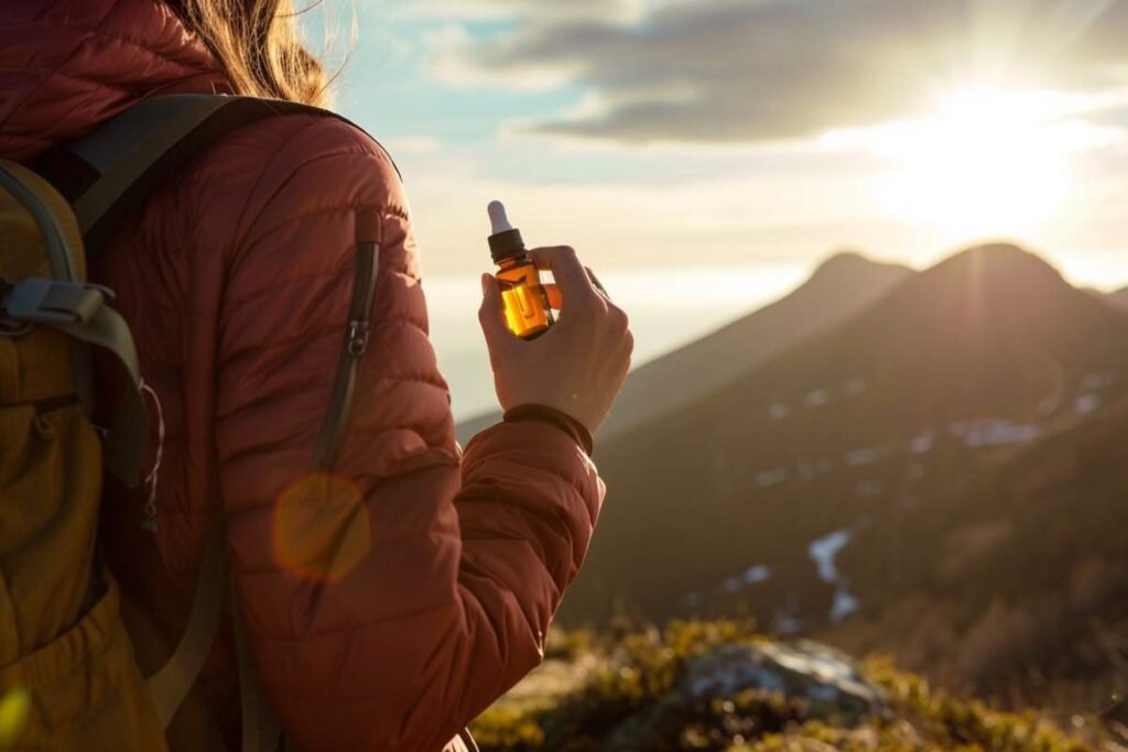 femme et huile de cbd en montagne