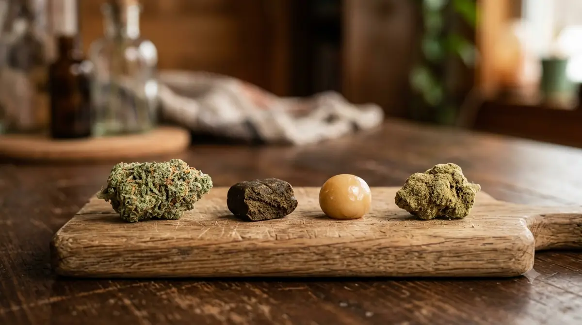Fleur, hash, piatella et moonrock alignés sur une planche en bois