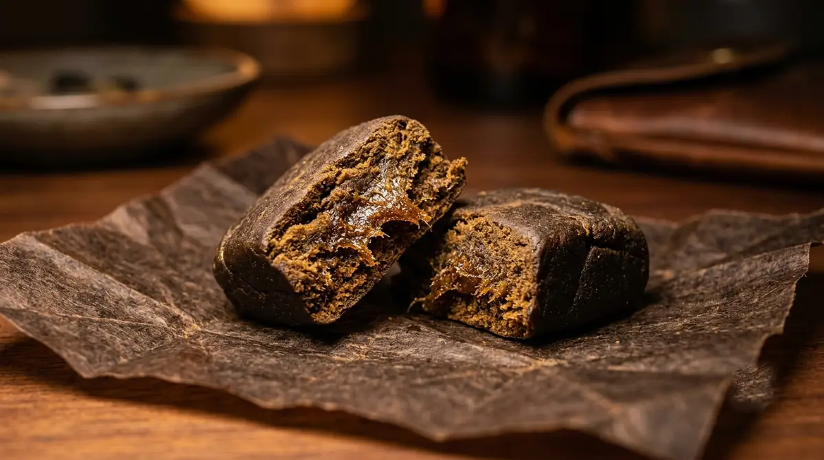 Hash traditionnel cassé en deux montrant sa texture souple et collante