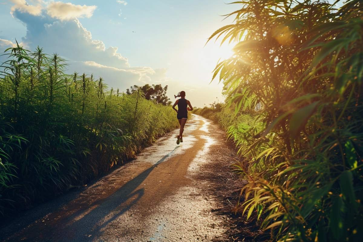 sportive qui court au milieu de champ cannabis